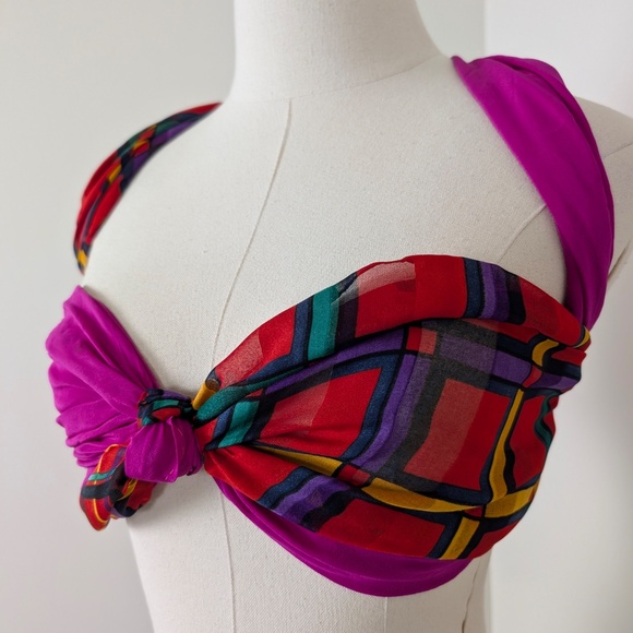 90s Plaid Scarf Abstract Rectangular Sheer Primary Colours Grid Tartan - Picture 7 of 8